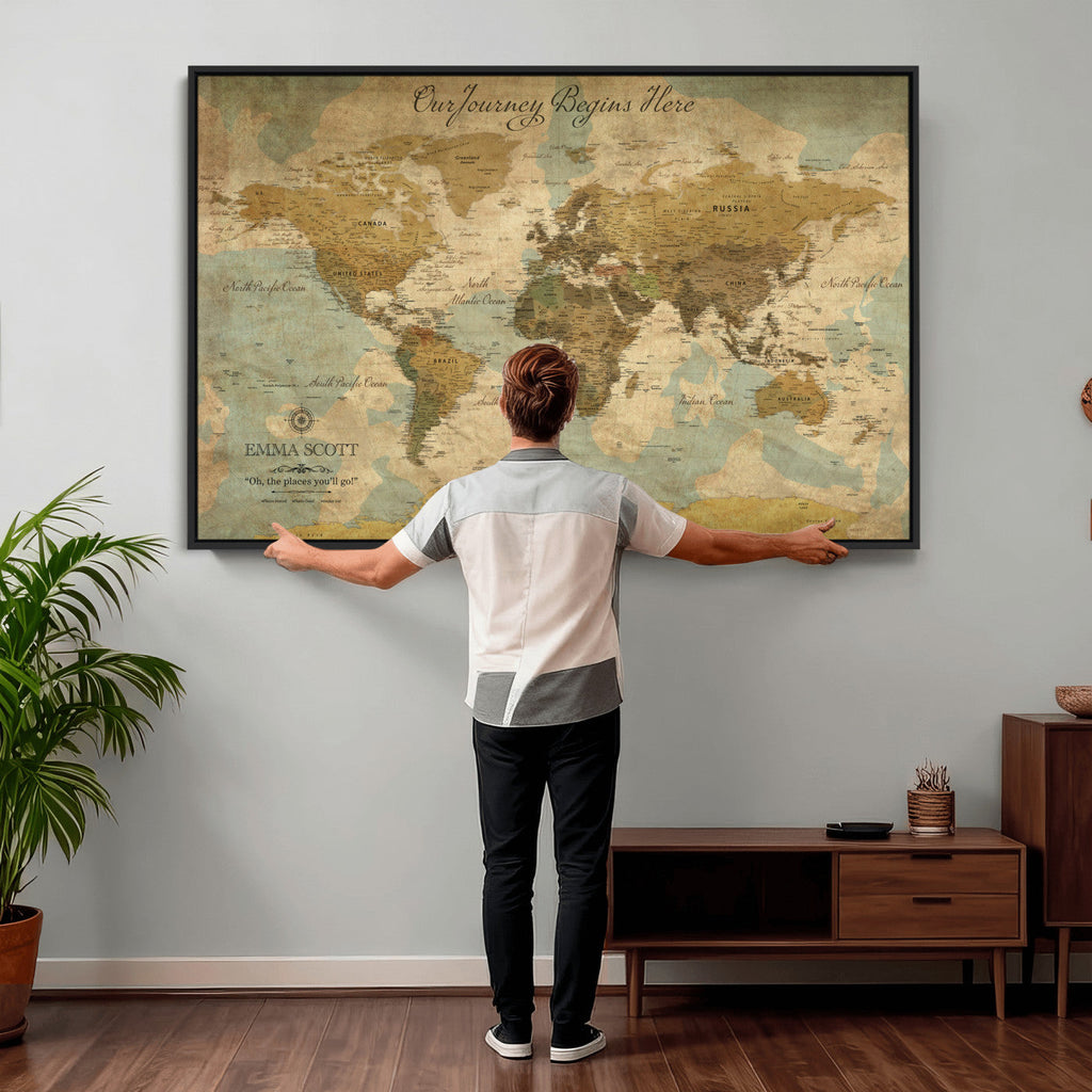 Personalized Navy Push Pin Travel Map Canvas Print, Couples Countries Visited Map, Living Room and Dining Room Decor