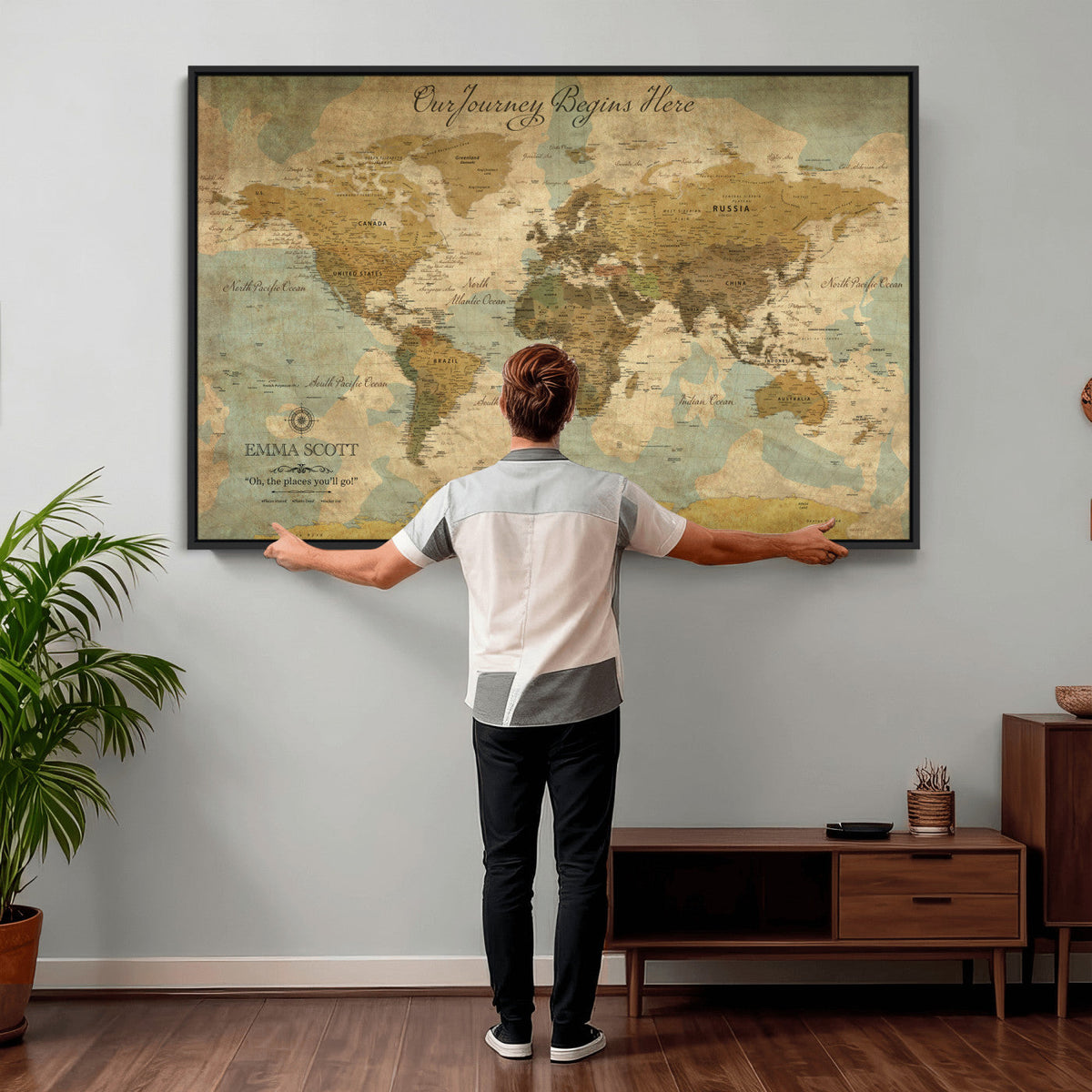 Personalized Navy Push Pin Travel Map Canvas Print, Couples Countries Visited Map, Living Room and Dining Room Decor