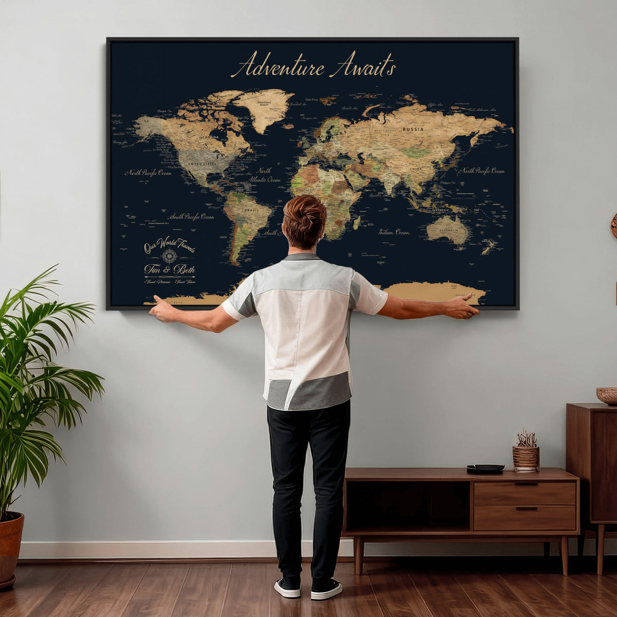 Personalized Navy Geometric World Map Canvas with Push Pins, Honeymoon and Anniversary Gift, Home Office and Hallway Decor