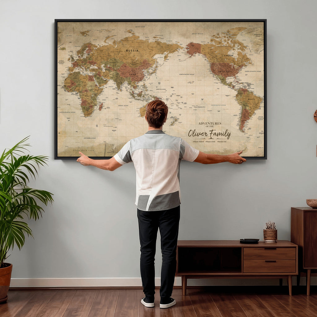 Personalized Framed Navy Modern World Map Canvas with Push Pins, Bucket List Map, Living Room and Entryway Decor