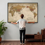 Personalized Framed Navy Modern World Map Canvas with Push Pins, Bucket List Map, Living Room and Entryway Decor