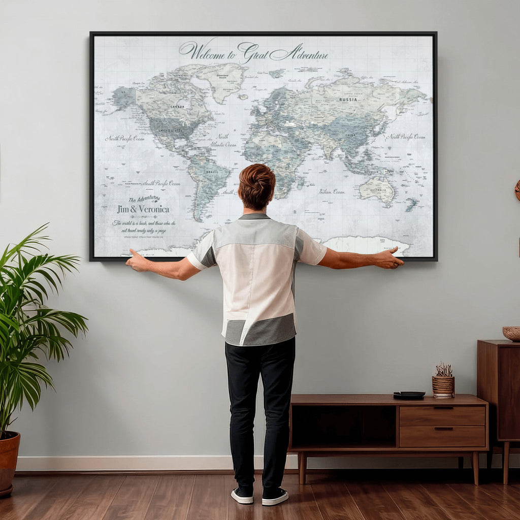 Personalized Beige Antique Push Pin World Map Canvas Print, Family Travel Tracker, Family Room and Entryway Decor