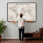 Personalized Beige World Map Canvas with Push Pins, Places Visited Tracker, Family Room and Entryway Decor