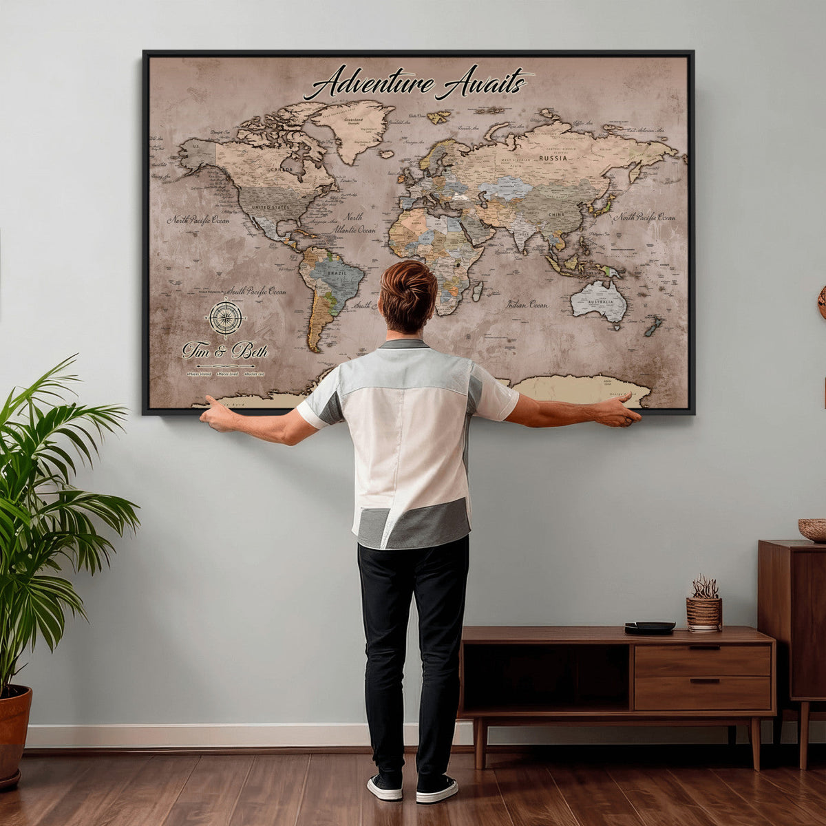 Custom Push Pin World Map Wall Art Canvas Print | Personalized Travel Tracker