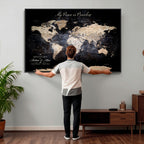 Personalized Beige World Map Canvas with Push Pins, Couples Countries Visited Map, Study and Hallway Decor