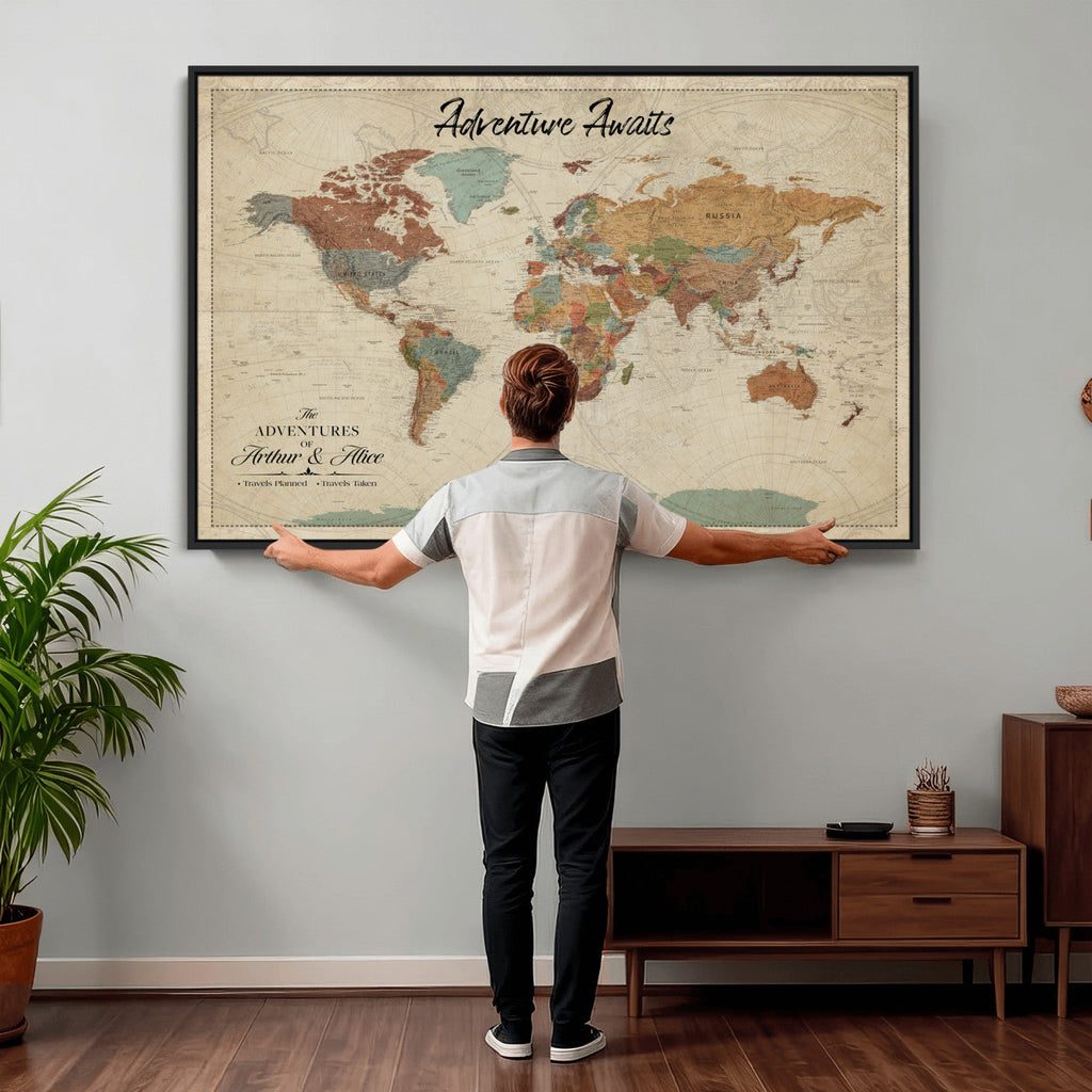 Custom Beige Push Pin World Map Canvas Print, Next Trip Planner Map, Family Room and Study Decor