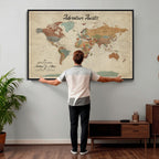 Custom Beige Push Pin World Map Canvas Print, Next Trip Planner Map, Family Room and Study Decor
