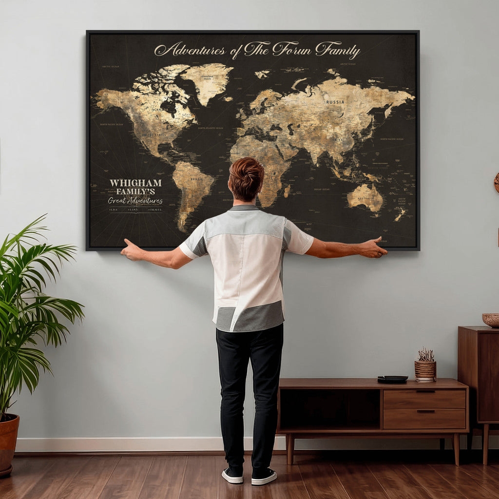 Personalized Framed Beige World Travel Map Wall Art with Pins, Couples Countries Visited Map, Family Room and Dining Room Decor