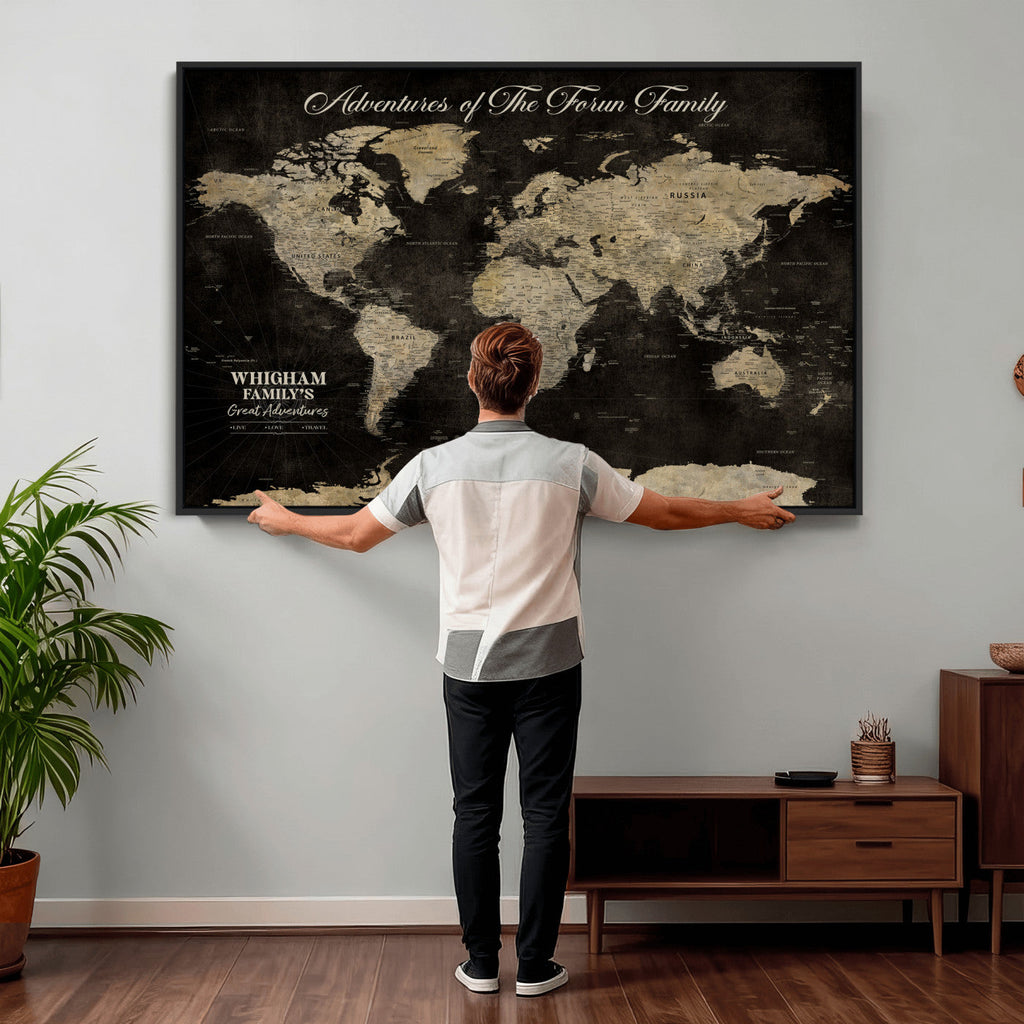Personalized Framed Black Modern World Map Canvas with Push Pins, Next Trip Planner Map, Dining Room and Home Office Decor