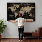 Personalized Framed Black Modern World Map Canvas with Push Pins, Next Trip Planner Map, Dining Room and Home Office Decor