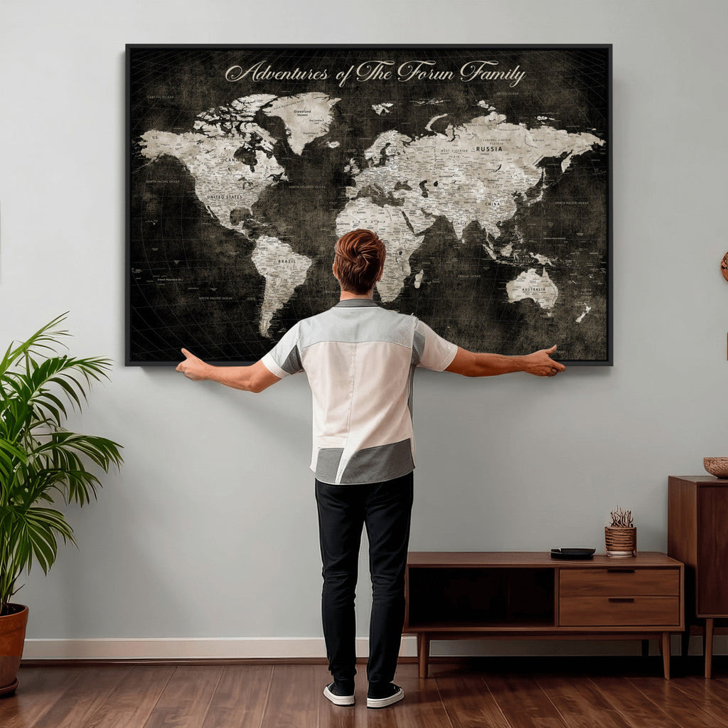 Personalized Framed Beige Push Pin World Map Canvas Print, Couples Countries Visited Map, Dining Room and Study Decor