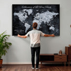 Personalized Framed Beige Modern Push Pin World Map Wall Art, Places Visited Tracker, Family Room and Dining Room Decor