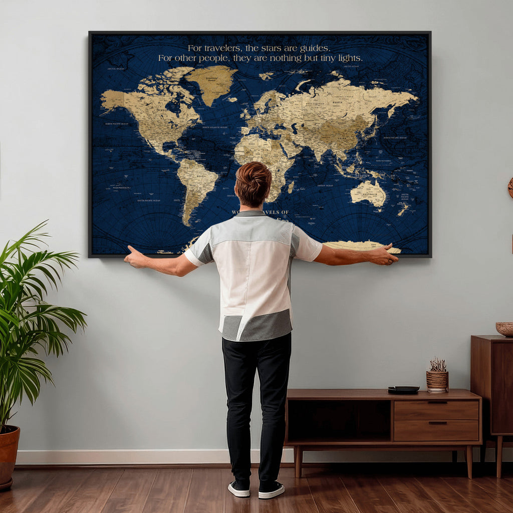 Personalized Framed Black Push Pin Travel Map Canvas Print, Next Trip Planner Map, Dining Room and Bedroom Decor