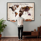 Personalized Framed Navy World Travel Map Wall Art with Pins, Honeymoon and Anniversary Gift, Living Room and Bedroom Decor