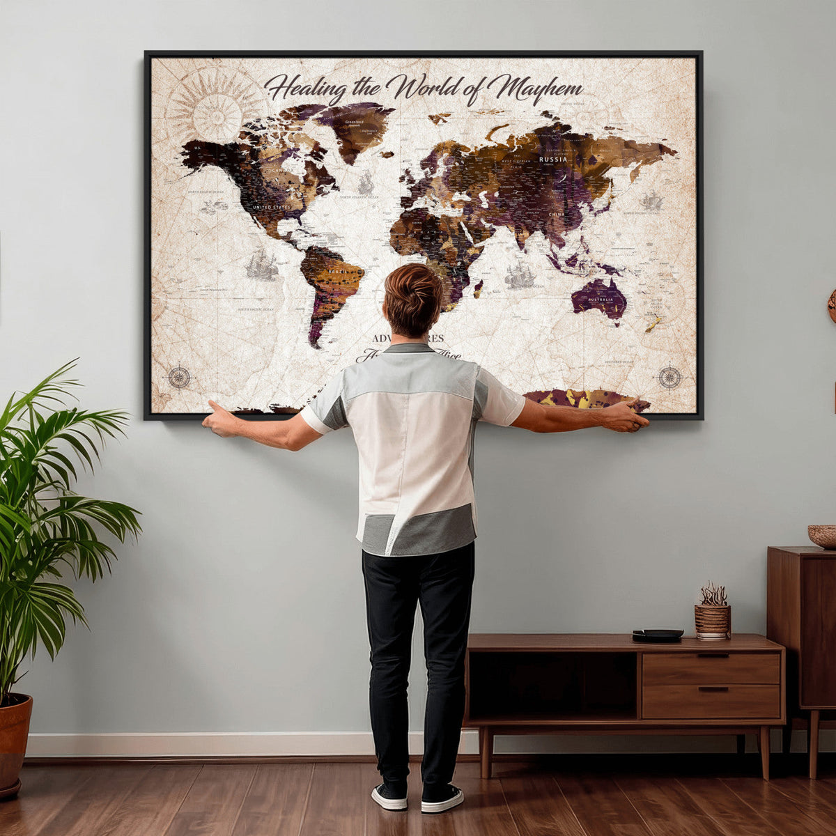 Personalized Framed Navy World Travel Map Wall Art with Pins, Honeymoon and Anniversary Gift, Living Room and Bedroom Decor