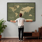 Personalized Framed Beige Geometric Push Pin World Map Canvas Print, Honeymoon and Anniversary Gift, Dining Room and Bedroom Decor