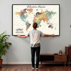 Custom Beige World Map Canvas with Push Pins, Honeymoon and Anniversary Gift, Dining Room and Entryway Decor