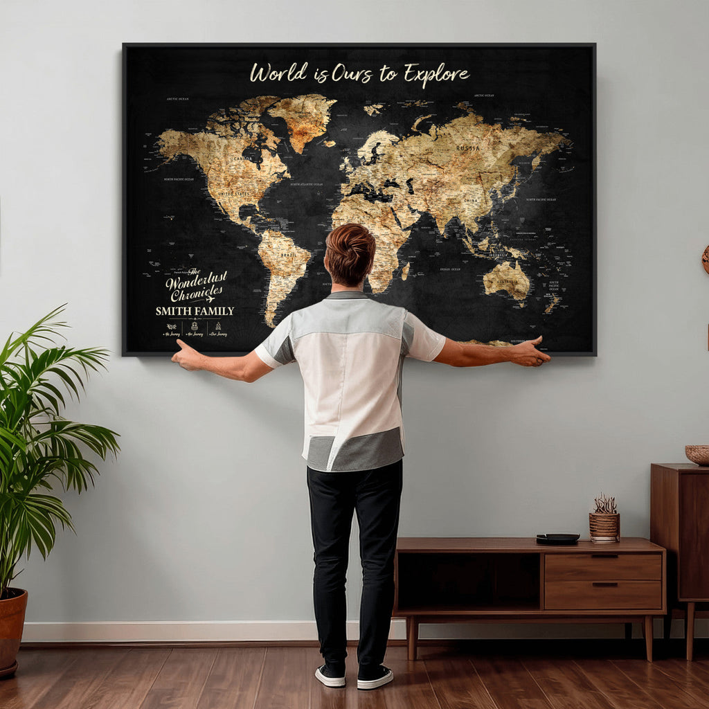 Personalized Framed Black Beige Modern World Travel Map Wall Art with Pins, Bucket List Map, Living Room and Hallway Decor
