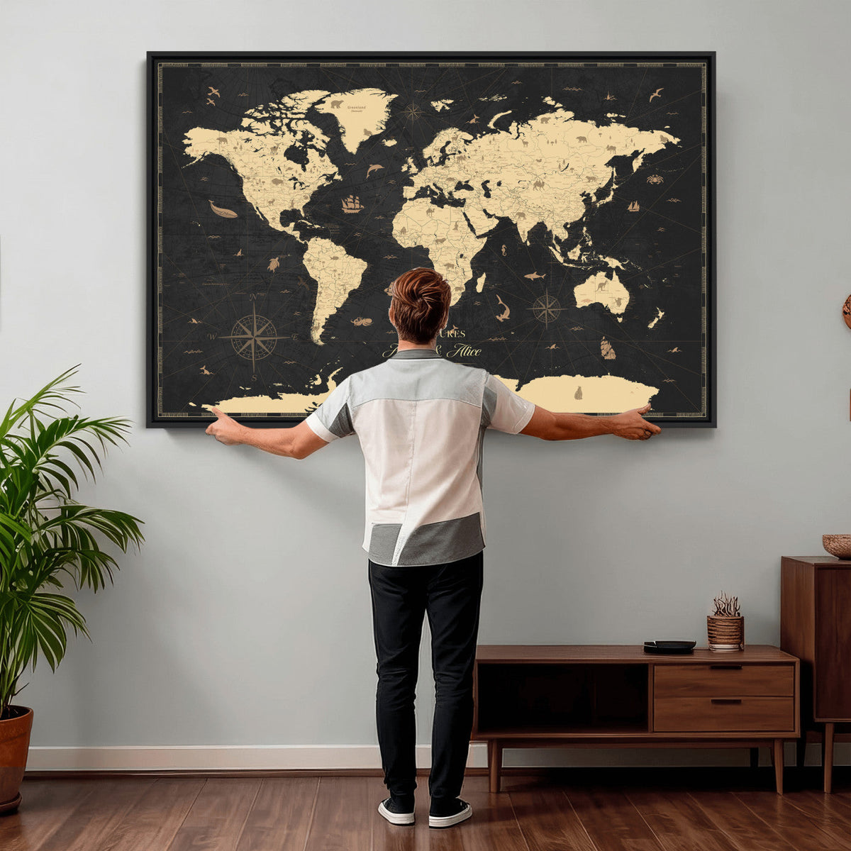 Personalized Beige Push Pin World Map Canvas Print, Places Visited Tracker, Home Office and Study Decor