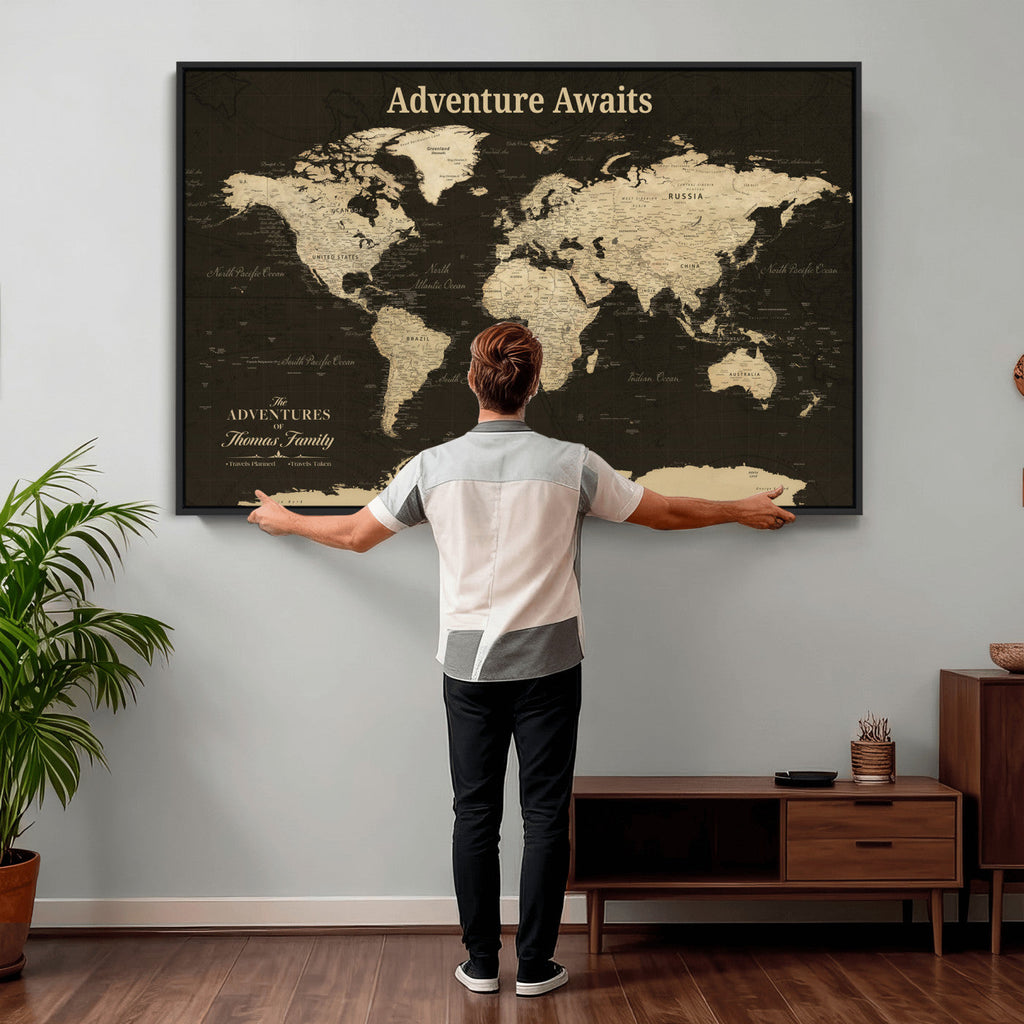 Custom Beige Push Pin World Map Wall Art, Next Trip Planner Map, Living Room and Home Office Decor