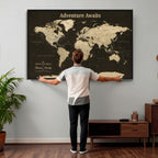 Custom Beige Push Pin World Map Wall Art, Next Trip Planner Map, Living Room and Home Office Decor