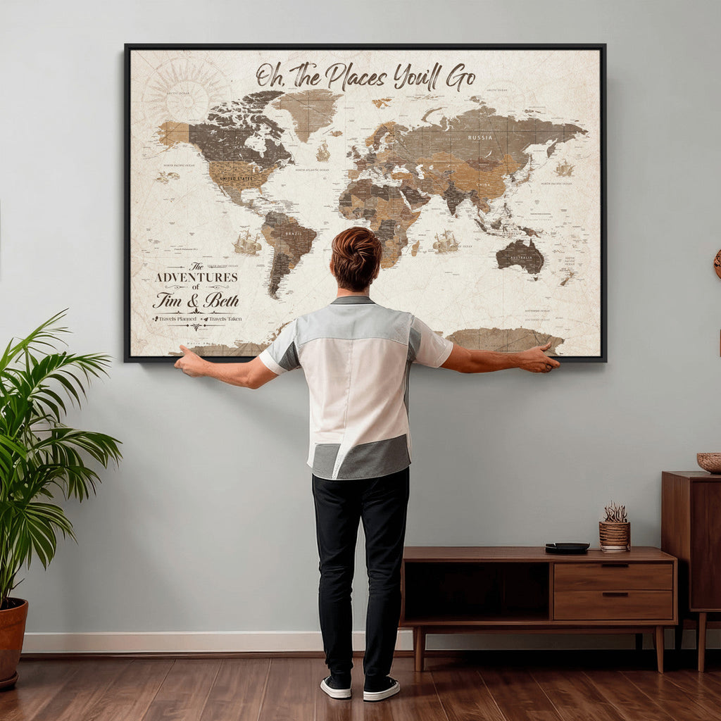 Custom Beige World Travel Map Wall Art with Pins, Couples Countries Visited Map, Living Room and Study Decor
