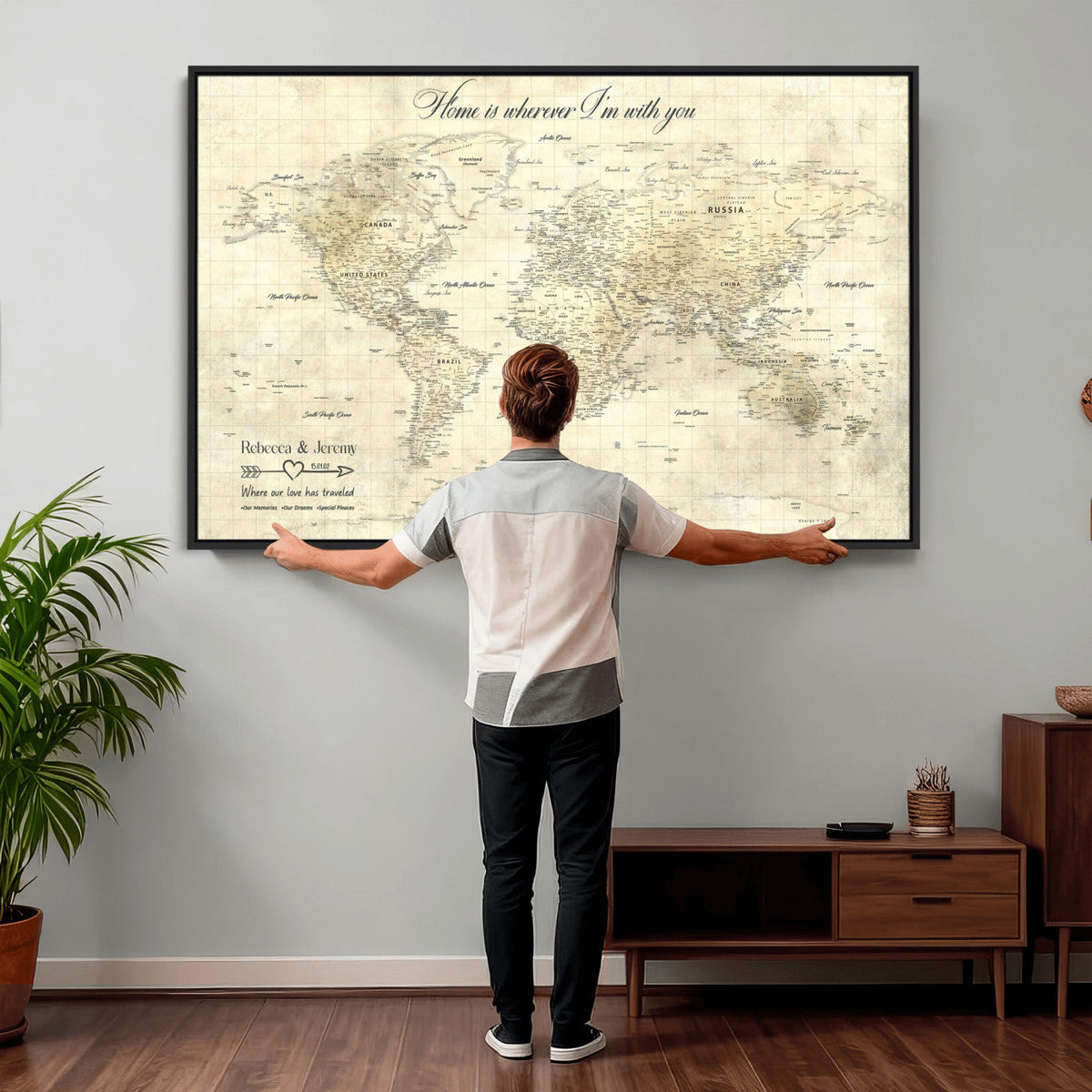 Personalized Beige Modern Push Pin World Map Wall Art, Honeymoon and Anniversary Gift, Bedroom and Study Decor