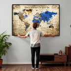 Personalized Framed Beige World Map Canvas with Push Pins, Honeymoon and Anniversary Gift, Living Room and Home Office Decor