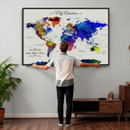 Detailed Custom Framed Beige Modern World Map Canvas with Push Pins, Honeymoon and Anniversary Gift, Dining Room and Home Office Decor