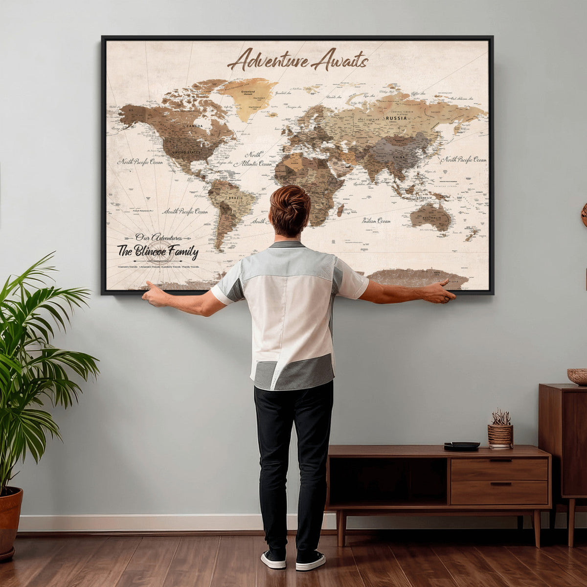 Personalized Framed White Modern Push Pin Travel Map Canvas Print, Bucket List Map, Dining Room and Study Decor