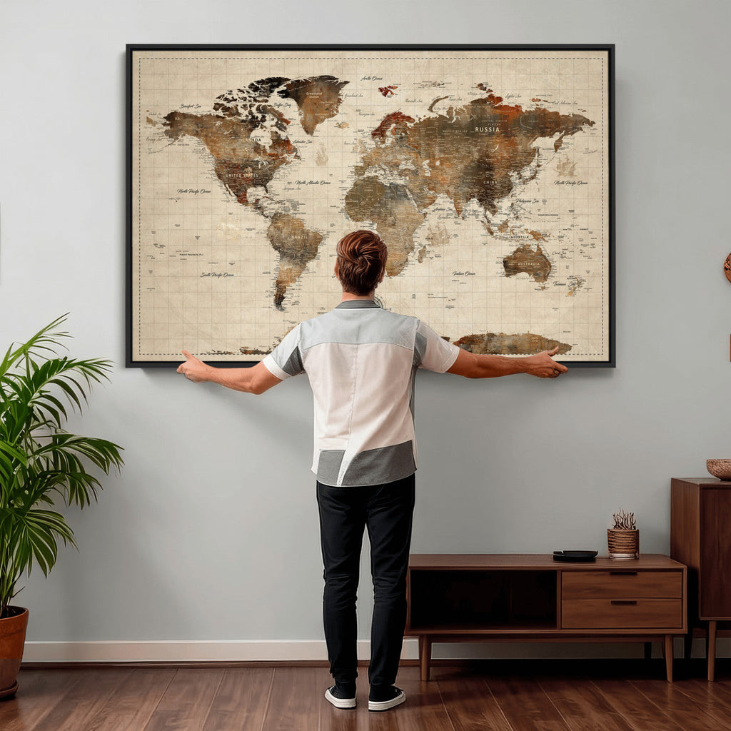 Vintage World Map Wall Art Canvas Print for Living Room, Office and Study