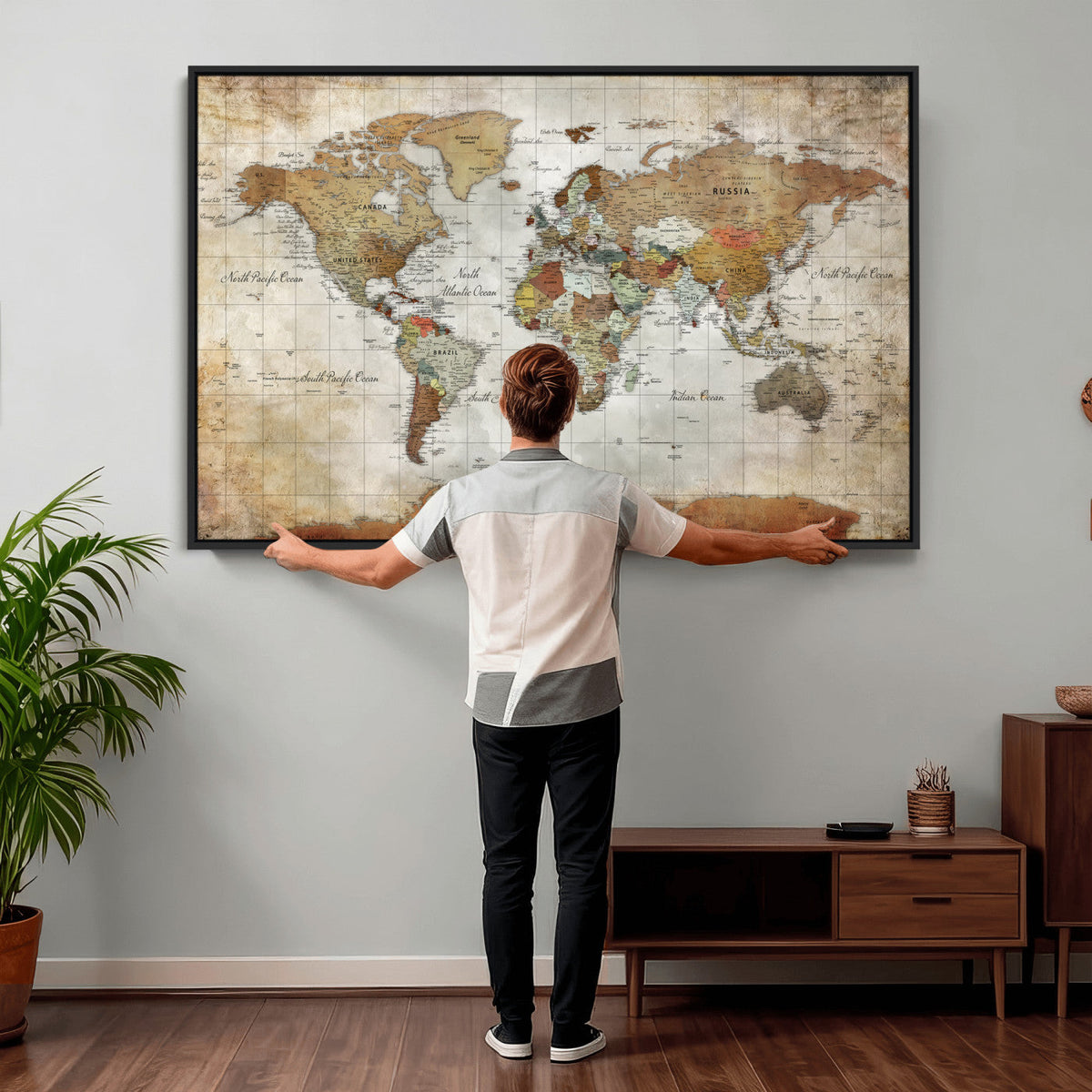 Custom Framed Modern Push Pin World Map Wall Art, Places Visited Tracker, Home Office and Entryway Decor