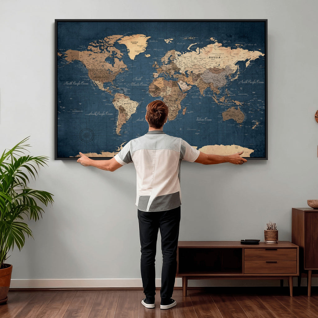 Navy Blue World Map Canvas Print | Framed Travel Map Wall Art