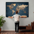 Navy Blue World Map Canvas Print | Framed Travel Map Wall Art