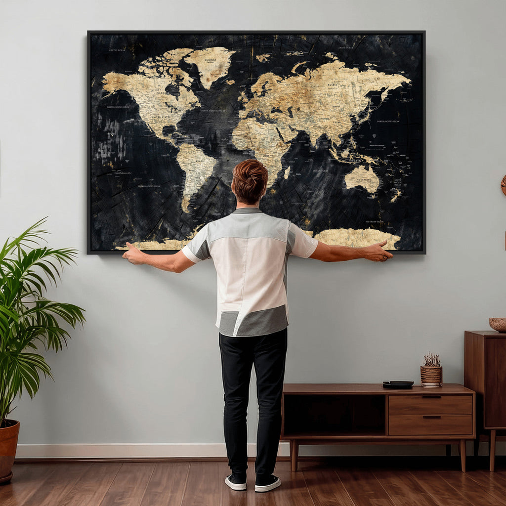 Framed Large World Map Wall Art Canvas Print for Living Room
