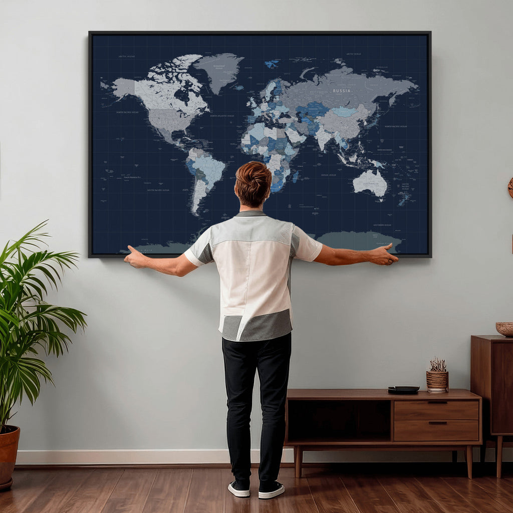 Blue Detailed World Map Wall Art Canvas Print | Modern Framed Map