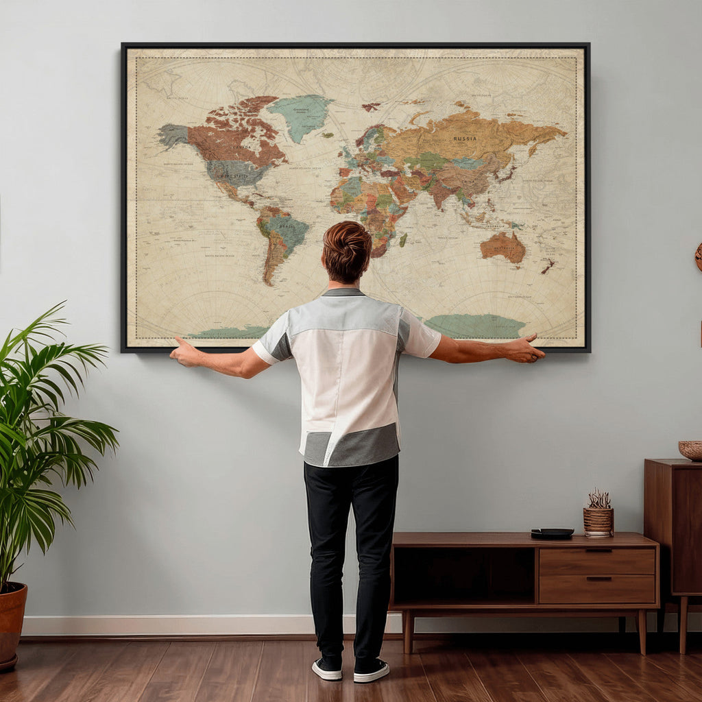 Vintage World Map Canvas Wall Art Print | Framed Modern World Map