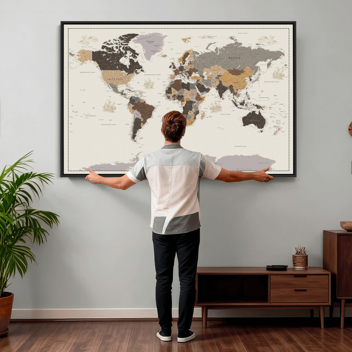 Custom Beige Modern Push Pin World Map Canvas Print, Places Visited Tracker, Bedroom and Study Decor