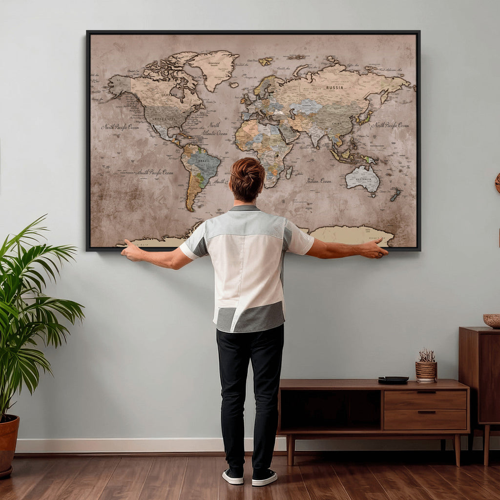 Grunge World Map Canvas Wall Art - Vintage Aged World Map with Golden Tones