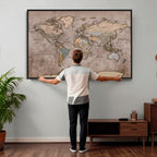 Grunge World Map Canvas Wall Art - Vintage Aged World Map with Golden Tones