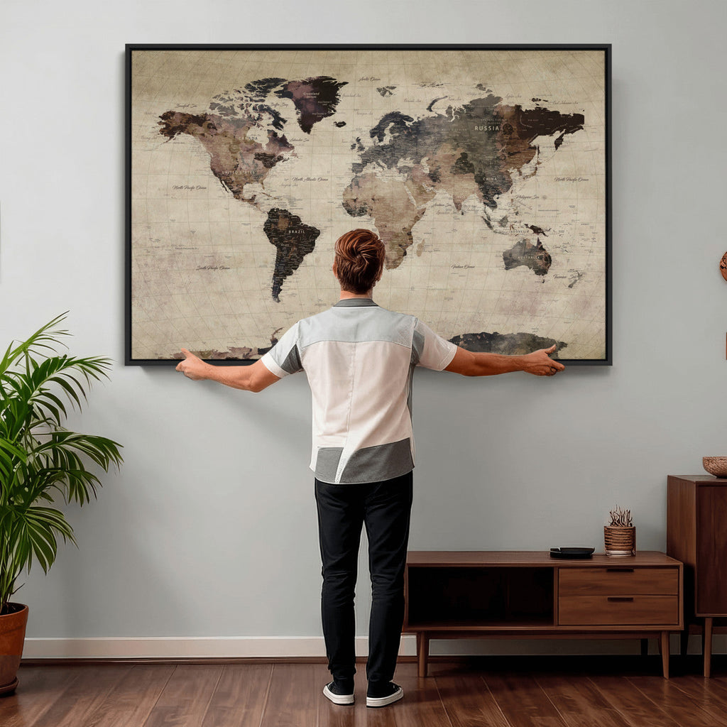 World Map Canvas Print, Detailed Map of the World, Adventure Gift for Couples and Anniversaries