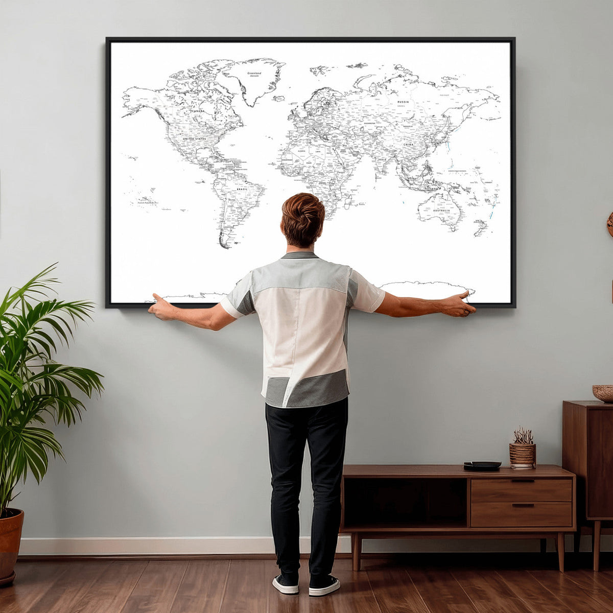 World Map Canvas Print, Framed Modern Detailed Map of the World for Home or Office