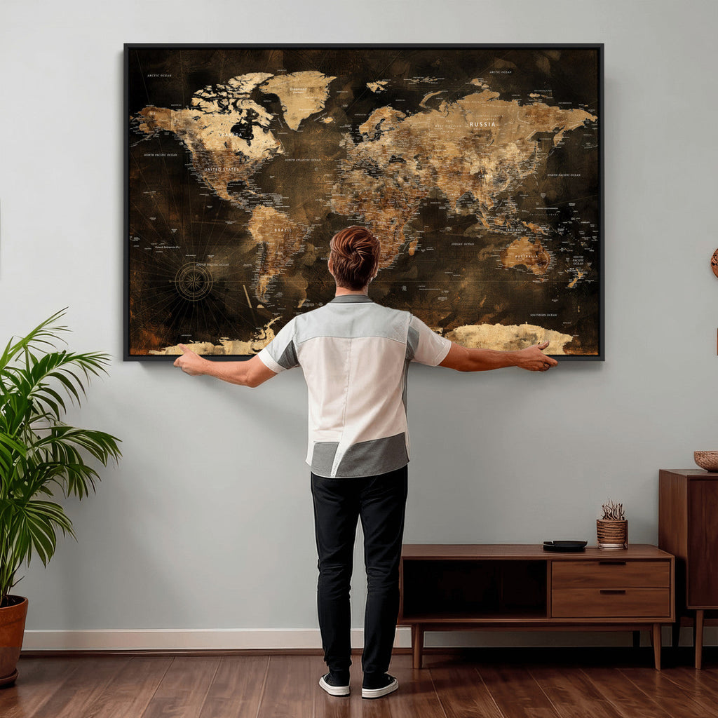 World Map Canvas Print, Modern Decorative Framed Map Artwork