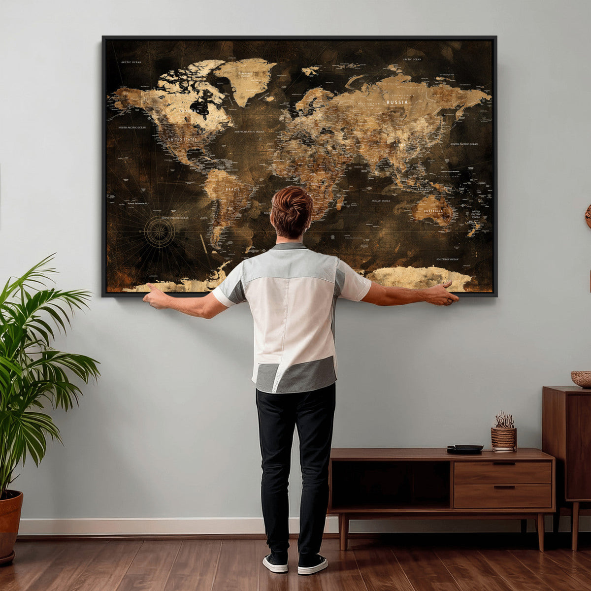 World Map Canvas Print, Modern Decorative Framed Map Artwork