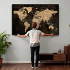 Brown World Map Canvas Print | Modern Travel Map Wall Art