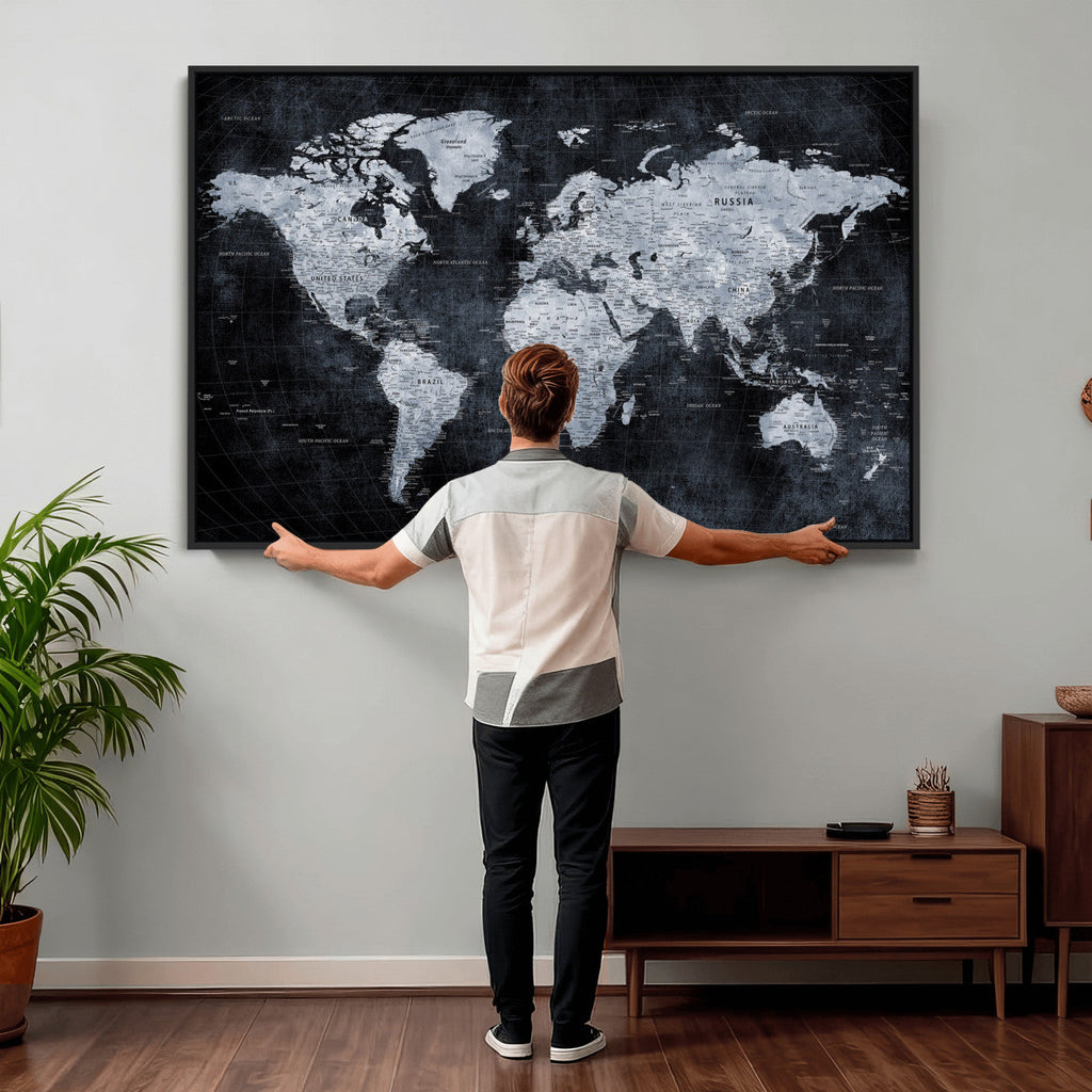 Black World Map Canvas Print | Detailed Map for Couples and Anniversary Gift