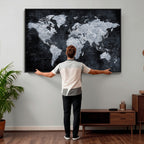 Black World Map Canvas Print | Detailed Map for Couples and Anniversary Gift