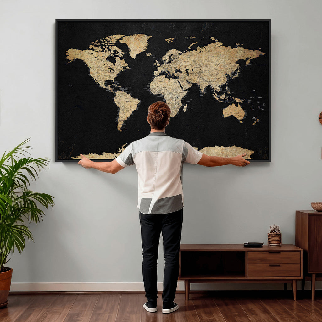Beige World Map Canvas Wall Art Print, Minimal Black and Beige Map