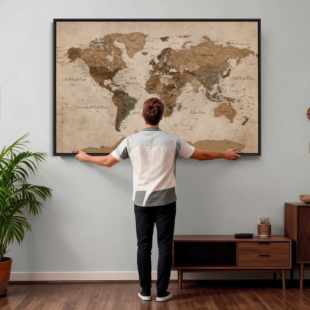 World Map Canvas Wall Art Print, Detailed Global Map Artwork