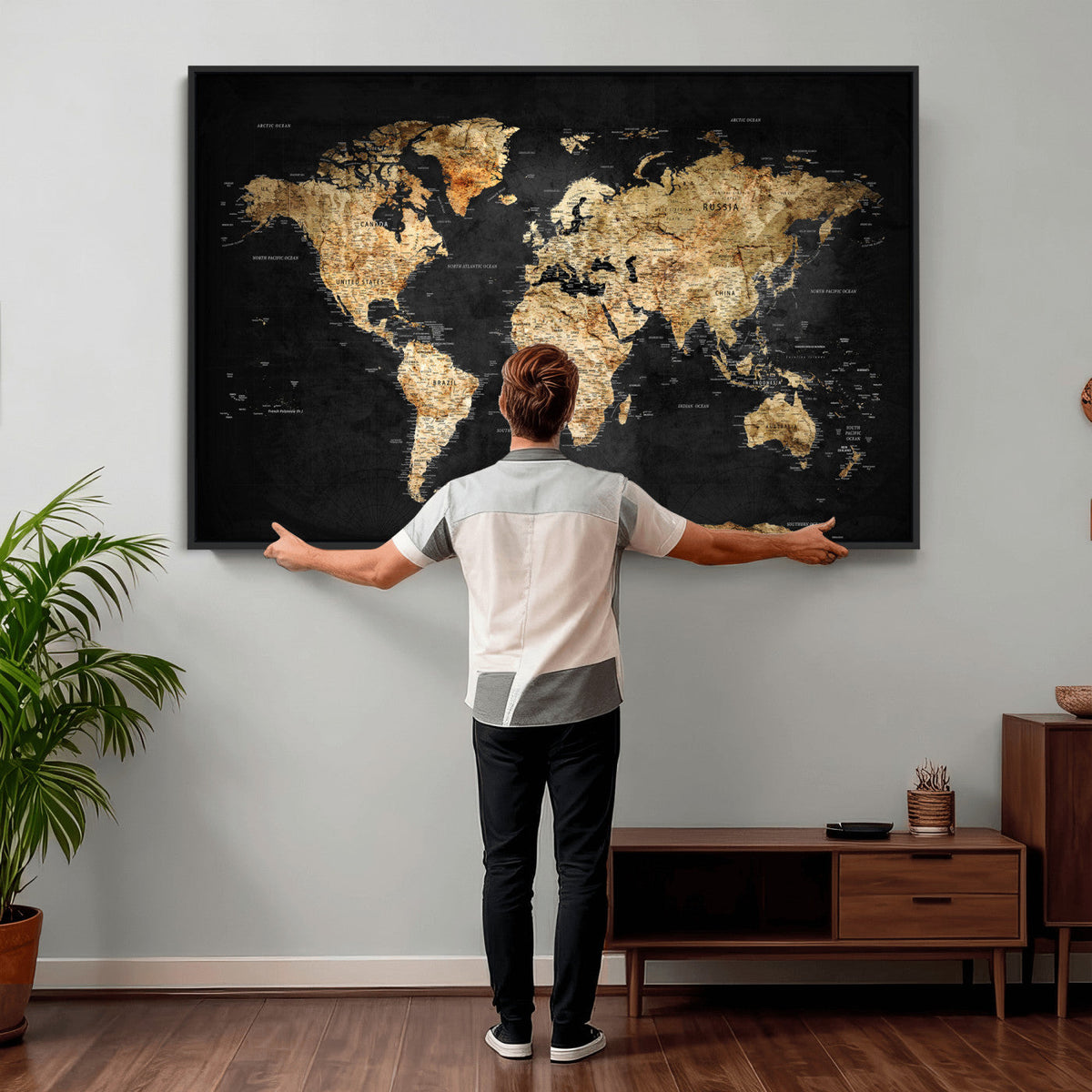 World Map Canvas Wall Art with Famous Landmarks | Framed Travel Map
